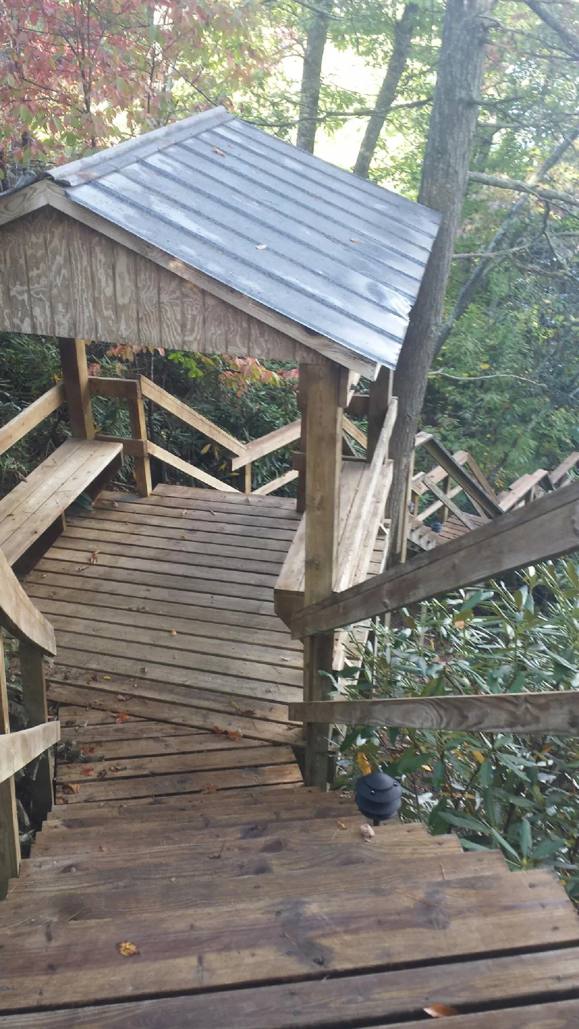 Metal roofed shelter over wooden steps on a wooded walkway — Skylight Repair & Installation work by our crew in Hilliards